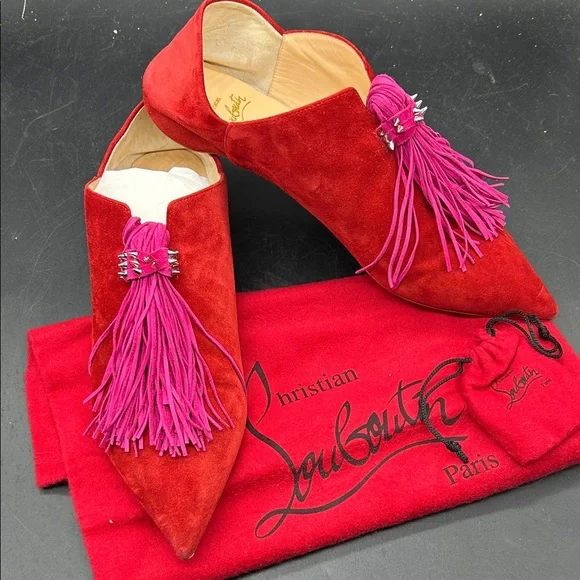 Christian Louboutin Red Suede Flats with Pink Tassels - Picture 1 of 9